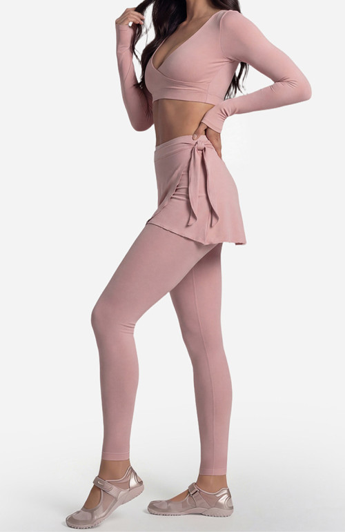 Custom Yoga Sets|Wholesale Long-sleeved gym outfit with front crossover style ballet style
