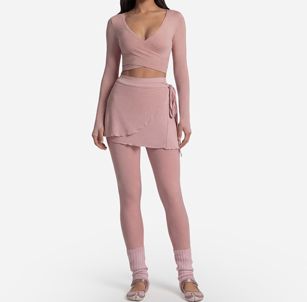 Custom Yoga Sets|Wholesale Long-sleeved casual fitness bra set with strappy yoga top ballet style