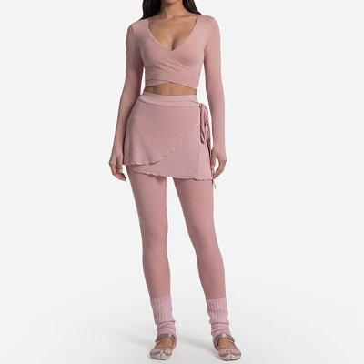 Custom Yoga Sets|Wholesale Long-sleeved casual fitness bra set with strappy yoga top ballet style