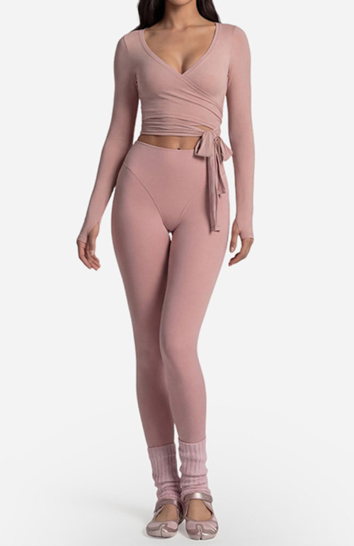 Custom Yoga Sets|Wholesale Long-sleeved casual fitness bra set with strappy yoga top ballet style