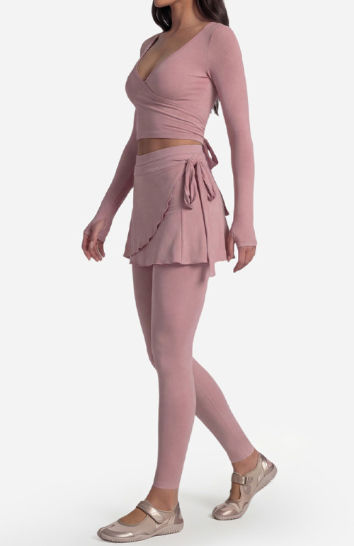 Custom Yoga Sets|Wholesale Long-sleeved casual fitness bra set with strappy yoga top ballet style