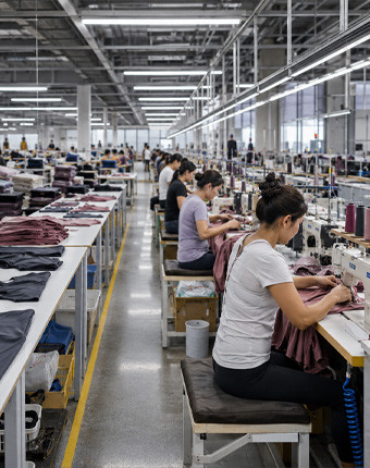 Collaborating with an OEM activewear manufacturer on customization. A designer and a factory manager reviewing a tech pack and fabric samples for activewear.