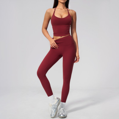 Custom Yoga Sets|Wholesale High-waisted butt-lifting sports set with a halter V-neck top fitness