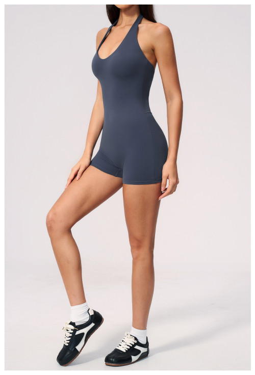Custom jumpsuits|Wholesale V-neck open-back halter bodysuit—slim-fit butt-lifting shorts style