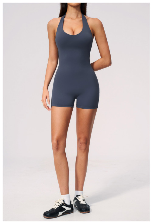 Custom jumpsuits|Wholesale V-neck open-back halter bodysuit—slim-fit butt-lifting shorts style