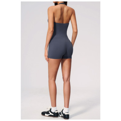 Custom jumpsuits|Wholesale V-neck open-back halter bodysuit—slim-fit butt-lifting shorts style