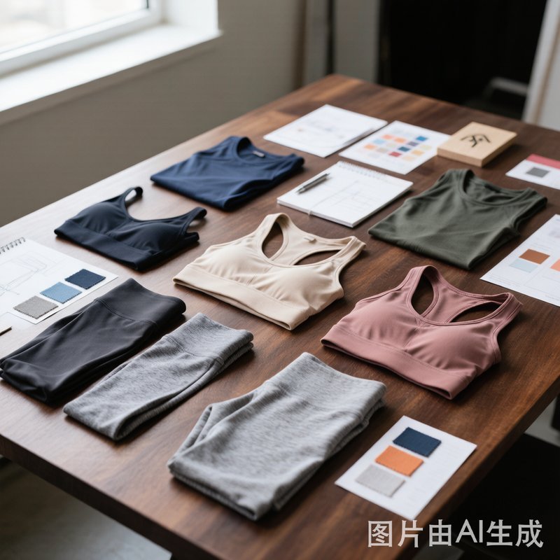 Yoga wear samples displayed on design studio table