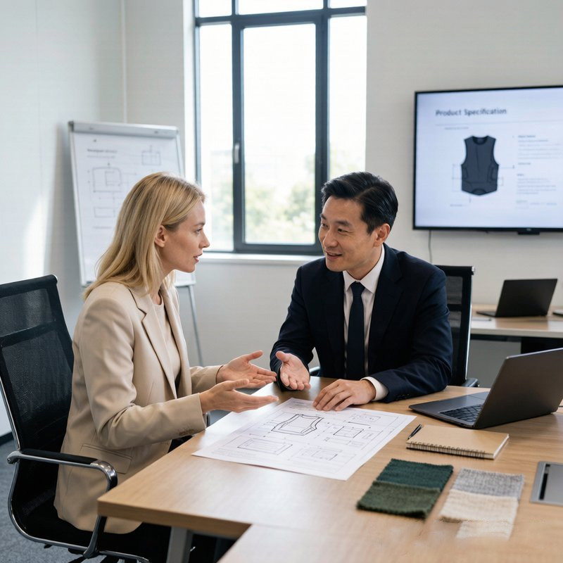 International business meeting between brand owner and factory manager