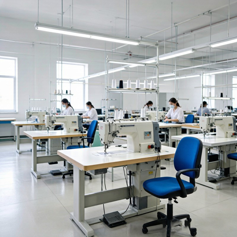 Industrial sewing machines in activewear factory