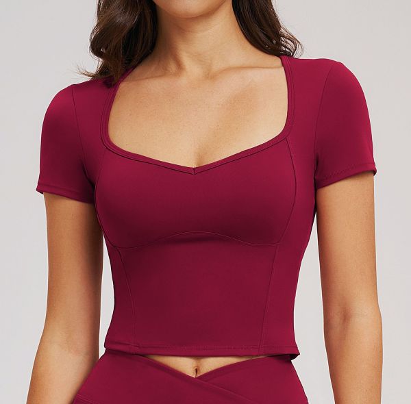 Custom yoga tops | Wholesale Women's Short-Sleeve Yoga Top – Wide Neck Suitable for Outdoor Running