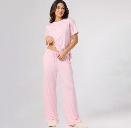 Custom Loungewear | Women’s Short Sleeve Loungewear Set with Drawstring Wide Leg Pants