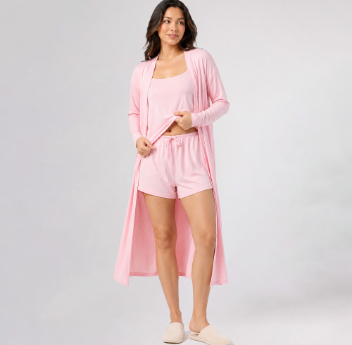 Custom Loungewear | Wholesale Custom Women’s 3-Piece Loungewear Set with Cami, Shorts and Long Robe