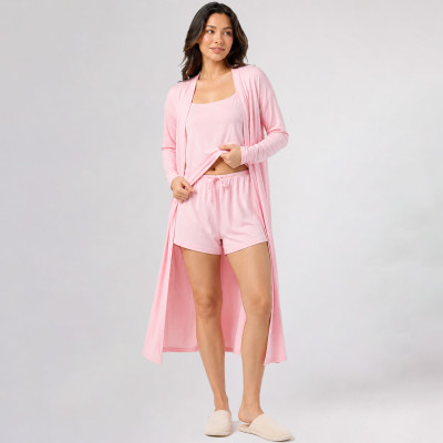 Custom Loungewear | Wholesale Custom Women’s 3-Piece Loungewear Set with Cami, Shorts and Long Robe