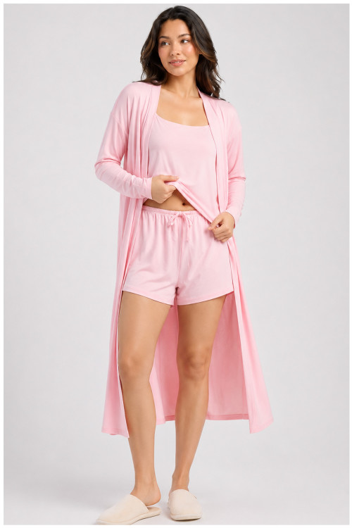 Custom Loungewear | Wholesale Custom Women’s 3-Piece Loungewear Set with Cami, Shorts and Long Robe