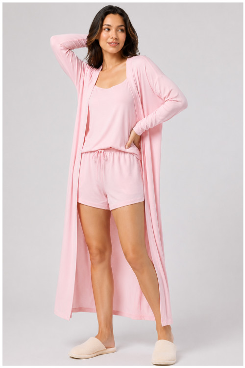 Custom Loungewear | Wholesale Custom Women’s 3-Piece Loungewear Set with Cami, Shorts and Long Robe