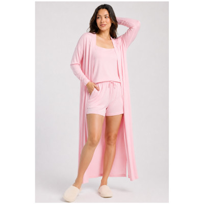 Custom Loungewear | Wholesale Custom Women’s 3-Piece Loungewear Set with Cami, Shorts and Long Robe