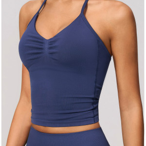 Top de yoga personalizado | Top de yoga sin costuras al por mayor, con cuello halter, escote en V, espalda atractiva y tejido de secado rápido