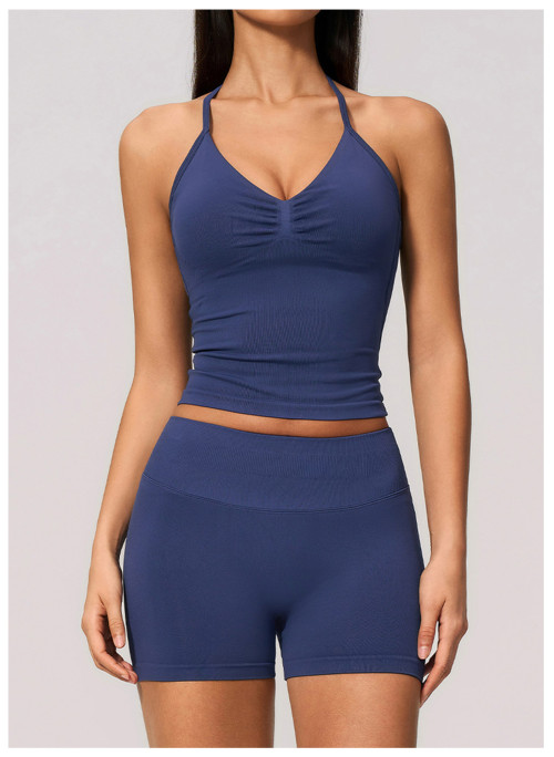 Custom Yoga Sets|Wholesale Seamless Lycra Set for Women Backless Halter Neck Vest High Elasticity