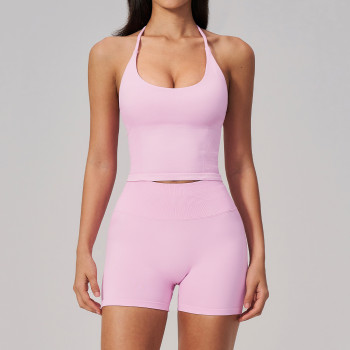 Custom Yoga Sets|Wholesale Seamless Yoga Set with Halter Neck Beautiful Back Lifted Hip for Outdoor