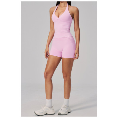 Custom Yoga Sets|Wholesale New women's yoga outfit set with halter neck and V-neck for outdoor use