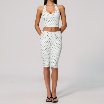 Custom Yoga Sets|Wholesale New polka dot yoga suit set with polyester/spandex print and deep V-neck