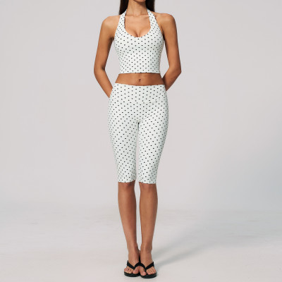 Custom Yoga Sets|Wholesale New polka dot yoga suit set with polyester/spandex print and deep V-neck