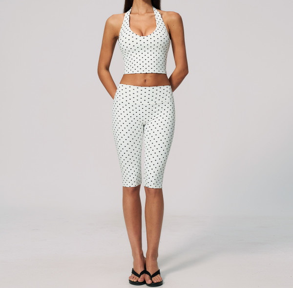 Custom Yoga Sets|Wholesale New polka dot yoga suit set with polyester/spandex print and deep V-neck