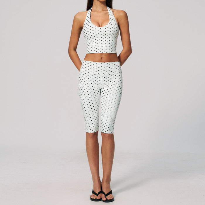 Custom Yoga Sets|Wholesale New polka dot yoga suit set with polyester/spandex print and deep V-neck