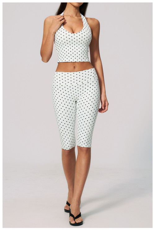 Custom Yoga Sets|Wholesale New polka dot yoga suit set with polyester/spandex print and deep V-neck