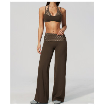 Custom yoga leggings|Wholesale Retro-style polka dot athletic pants with fold-down waistband