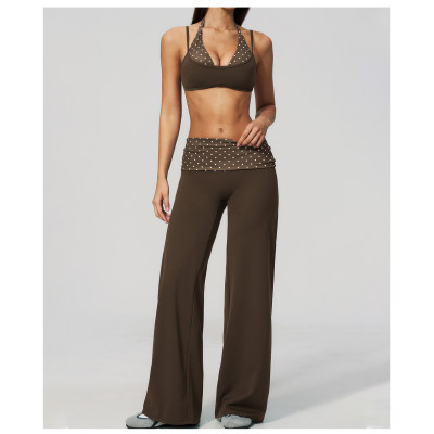 Custom yoga leggings|Wholesale Retro-style polka dot athletic pants with fold-down waistband