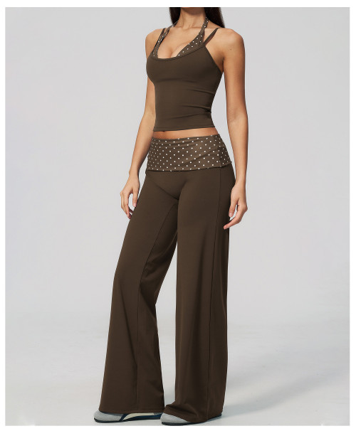 Custom yoga leggings|Wholesale Retro-style polka dot athletic pants with fold-down waistband