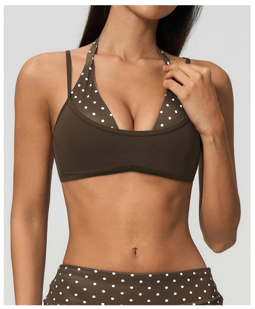 Custom Yoga bra|Wholesale New faux two-piece yoga bra with color-blocked halter neck strap