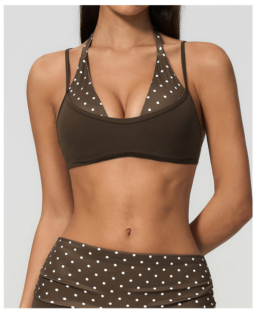 Custom Yoga bra|Wholesale New faux two-piece yoga bra with color-blocked halter neck strap