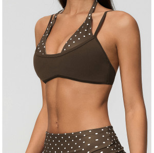 Custom Yoga bra|Wholesale New faux two-piece yoga bra with color-blocked halter neck strap