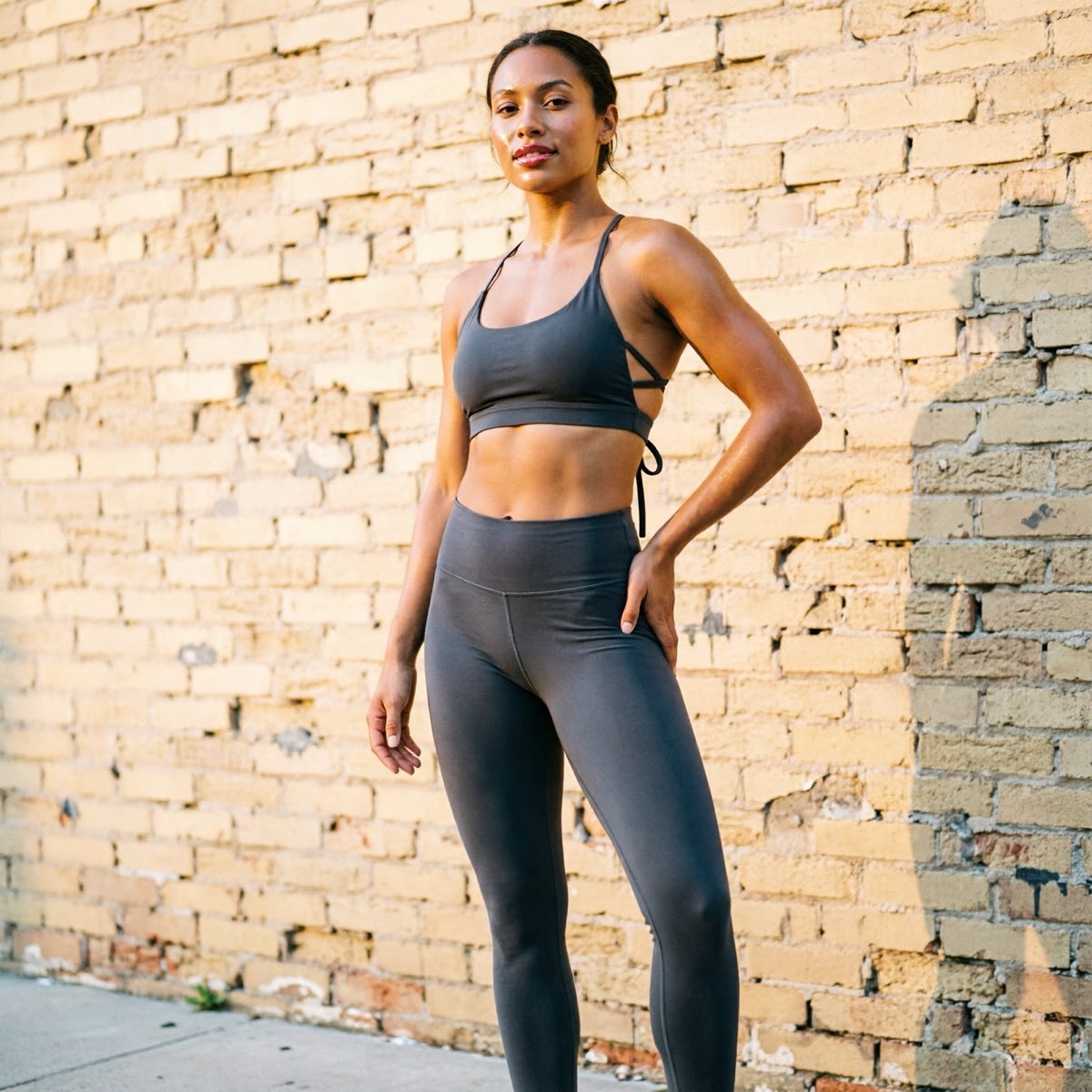 American female model in matching yoga outfit set urban fashion style