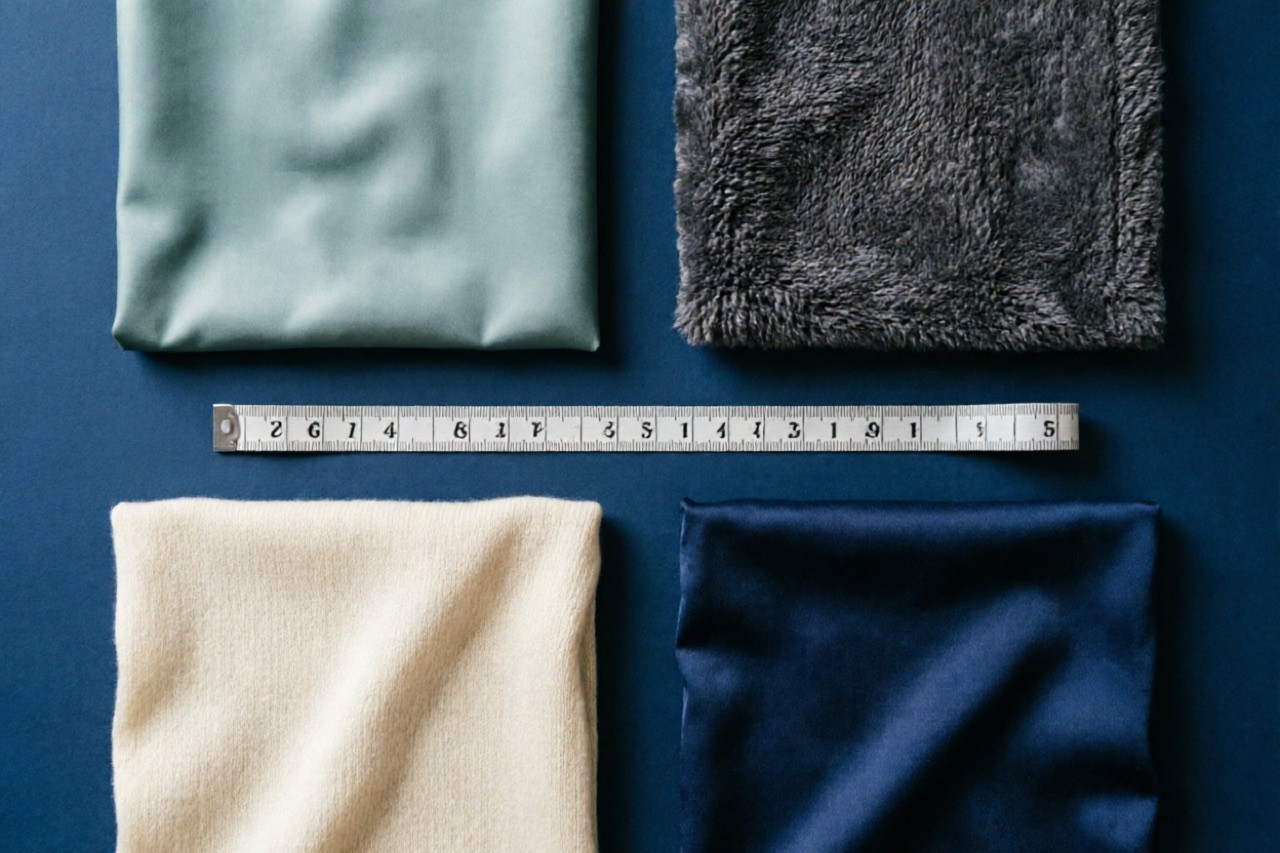 Hero image — flat-lay of premium women's activewear fabrics (nylon, polyester, brushed fleece, modal) with fabric swatches, soft studio lighting, teal-and-grey palette
