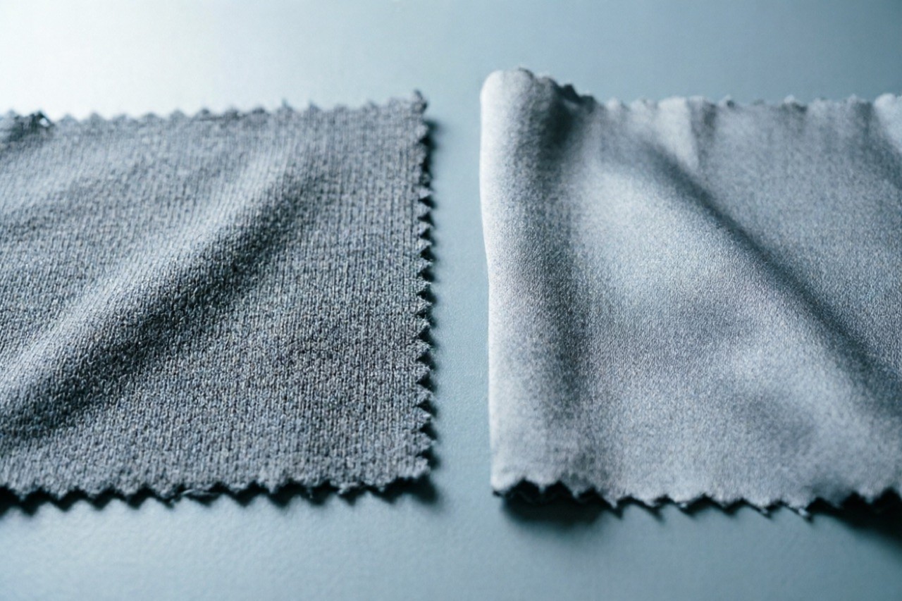 Close-up comparison shot — recycled nylon fabric swatch beside virgin nylon swatch with texture detail, macro photography
