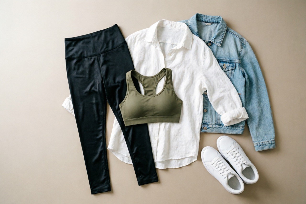 A complete athleisure capsule — leggings, sports bra, linen overshirt, denim jacket, white sneakers