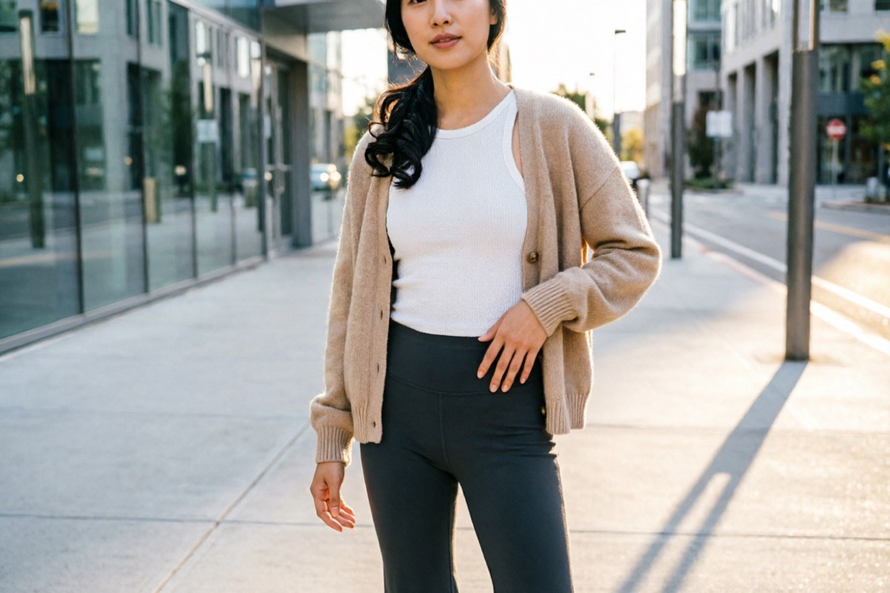Flared yoga pants styled with a fitted ribbed tank and knit cardigan