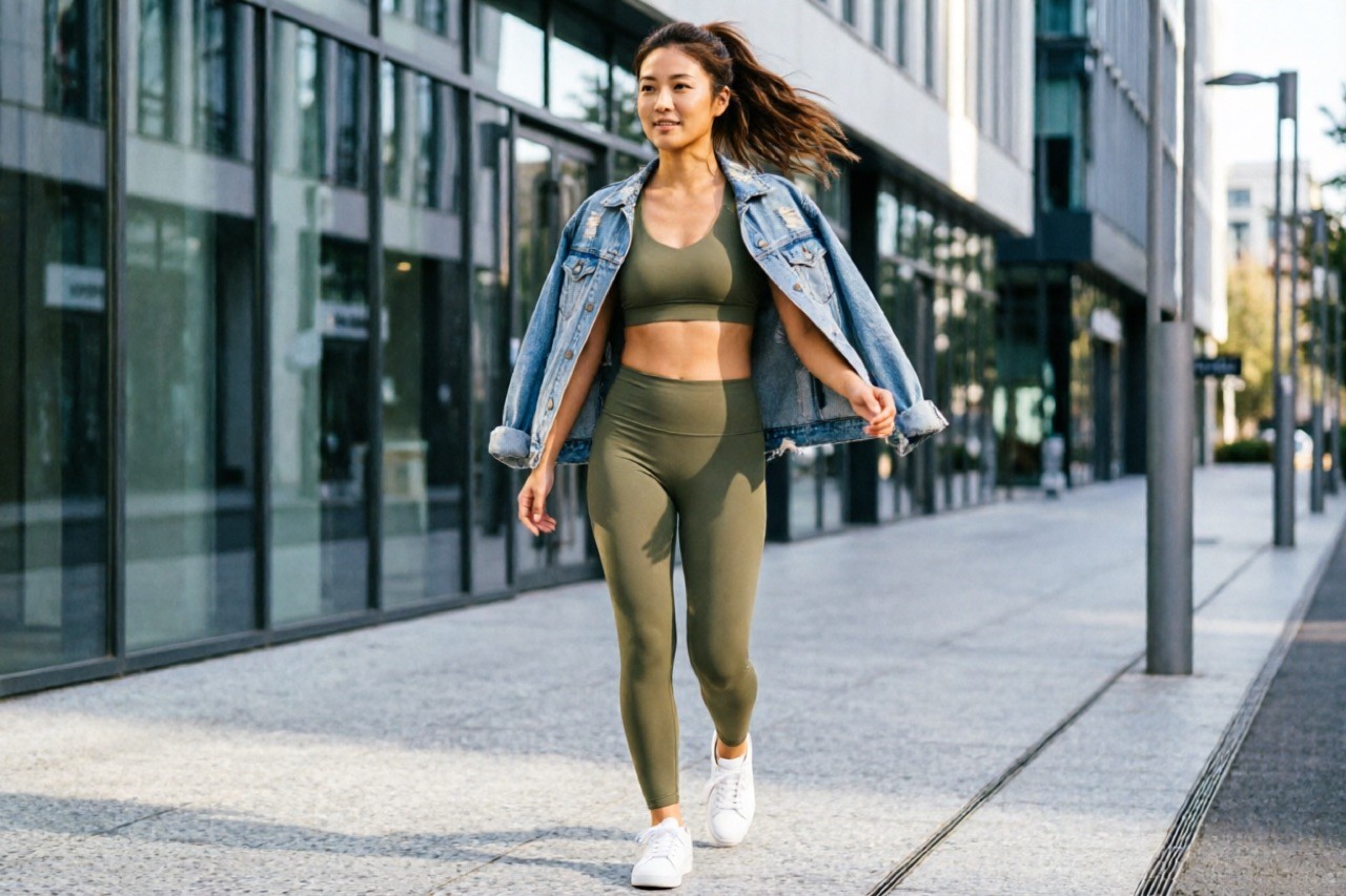 Tonal matching set with an open denim jacket — studio to street