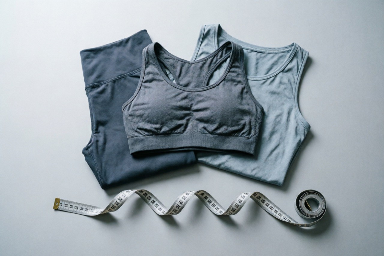 Measuring tape and activewear garments on a clean background, women's fit-guide flat-lay, soft neutral tones