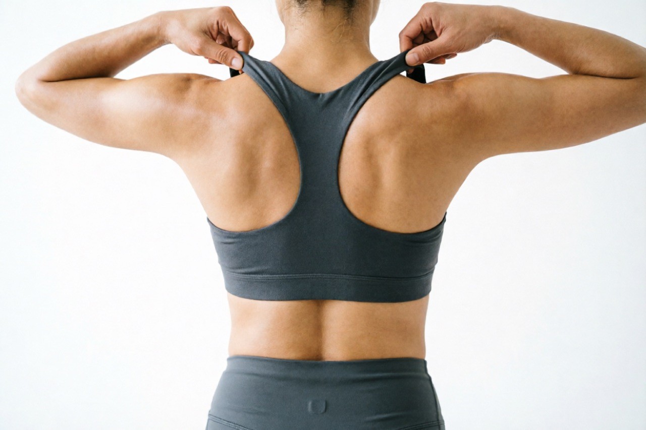 Close-up of a woman adjusting a sports bra band, side view, showing correct band fit, bright clean studio