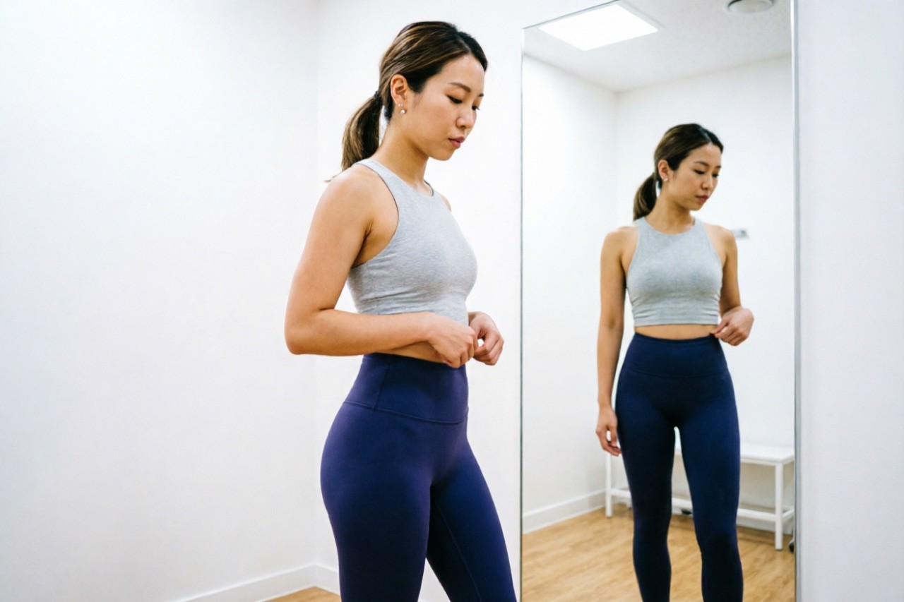 Woman in a bright fitting room checking the fit of high-waist leggings in a mirror, side view, natural light