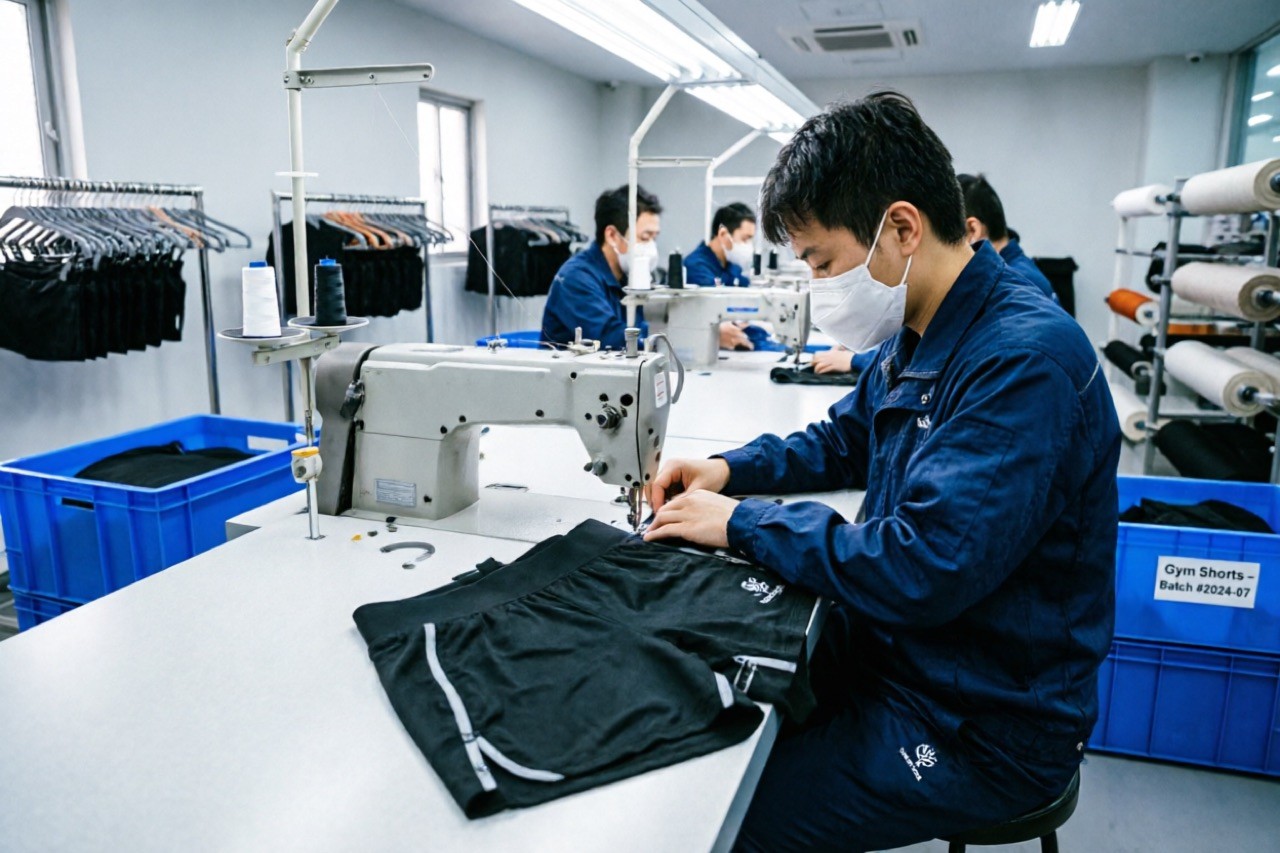 Custom shorts manufacturing — factory sewing line with performance gym shorts in production, bright workshop, commercial photography