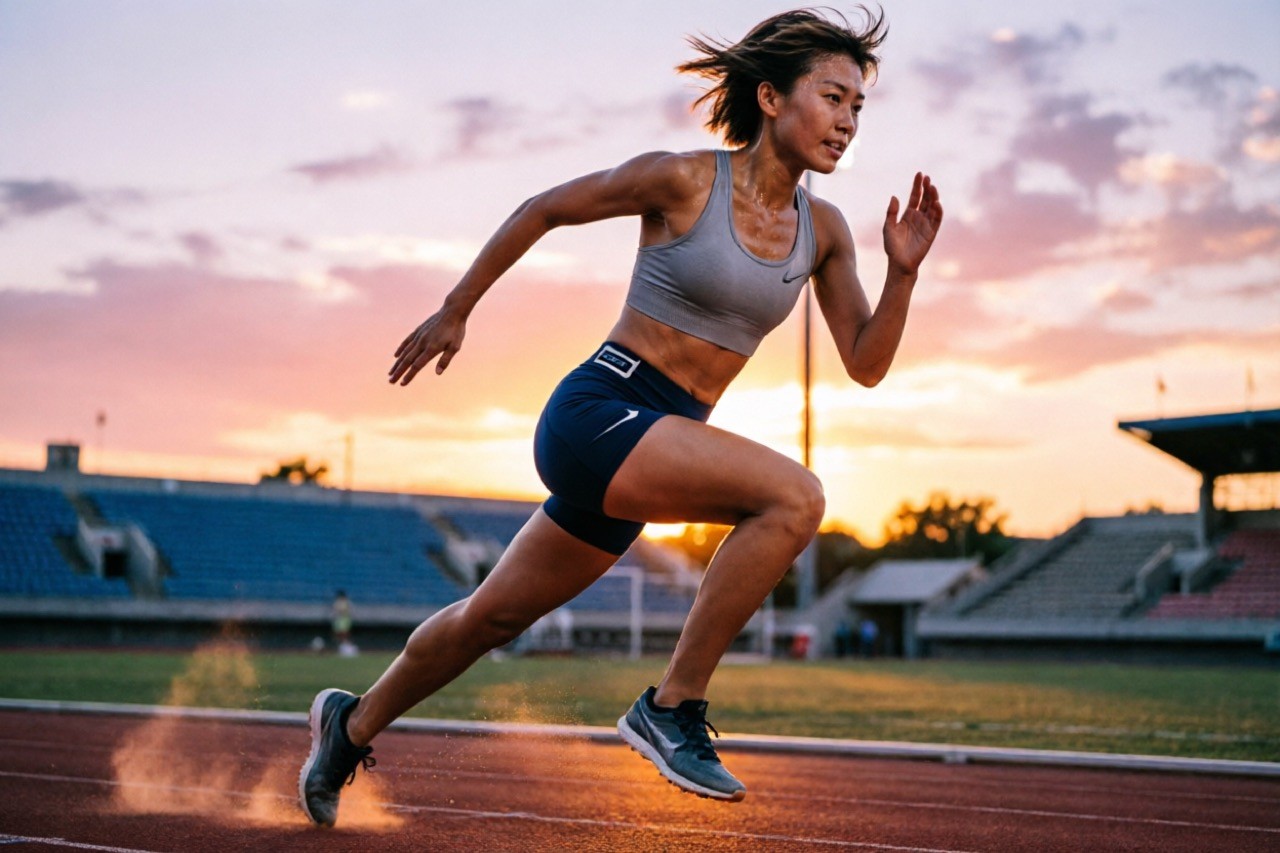 Runner wearing quick-dry performance shorts training on an outdoor track at golden hour, motion shot, sportswear commercial photography