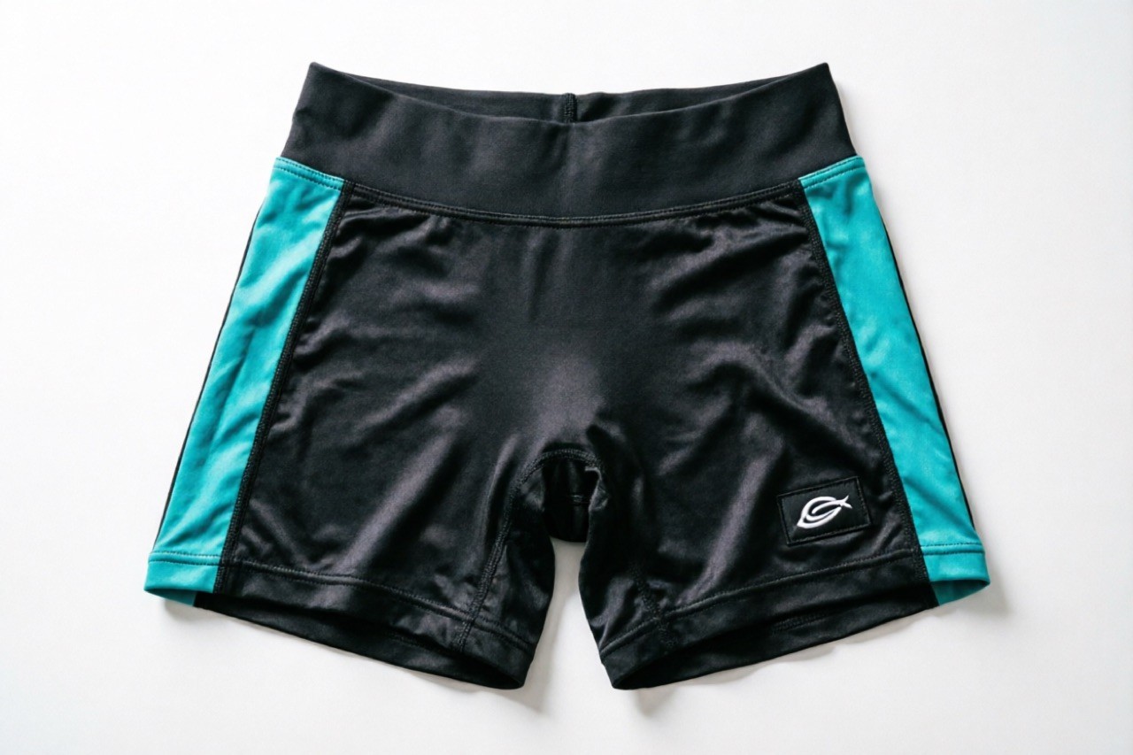 Seamless compression shorts product shot — high-waist, black with teal accents, studio e-commerce photography