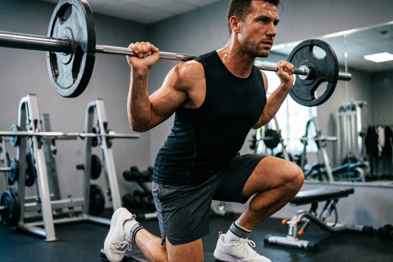 Athletic man doing barbell training in a gym wearing a sleeveless muscle tank top, sweat visible, performance sportswear commercial photography