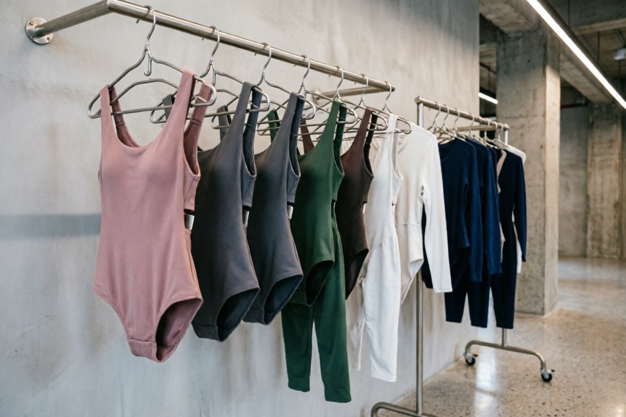 Custom yoga jumpsuit and bodysuit collection on hangers in modern apparel factory showroom, various colors, garment manufacturing