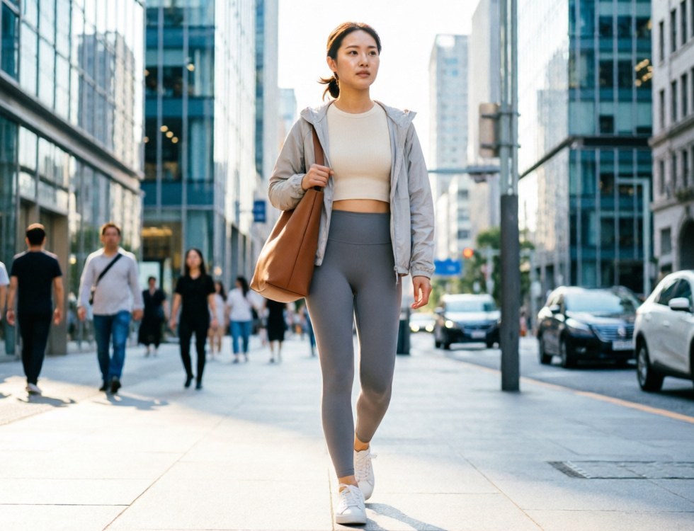 Woman in everyday athleisure commuting through the city